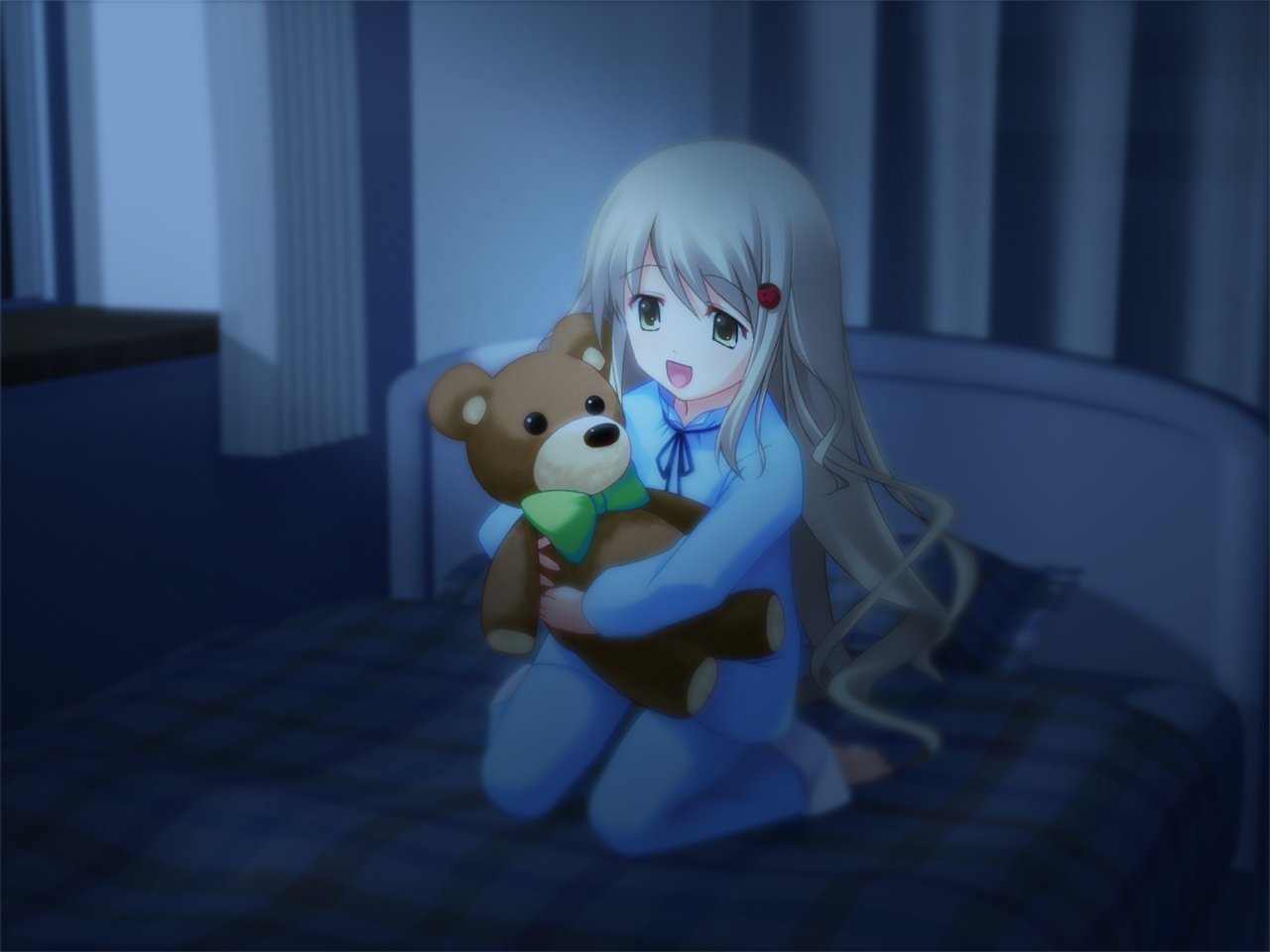 Anime — Chaos;Head: long-haired girl in blue pajamas kneels on a bed at night, hugging a teddy bear with a wide-eyed, startled expression under blue lighting.