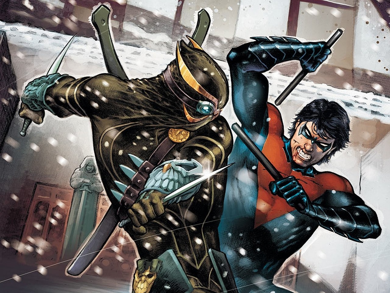 Comic-style image featuring Nightwing engaged in intense combat with a masked, armored opponent in a snowy urban setting.