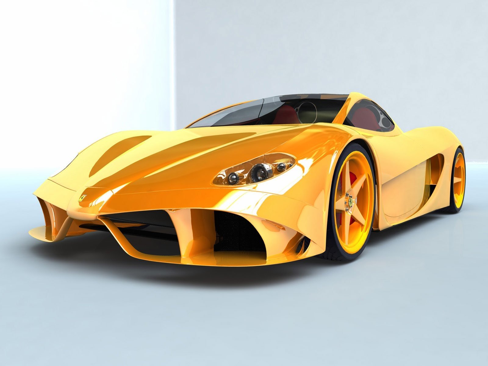 Sleek yellow Ferrari sports car with a low-slung aerodynamic body and glossy finish set against a pale studio backdrop.