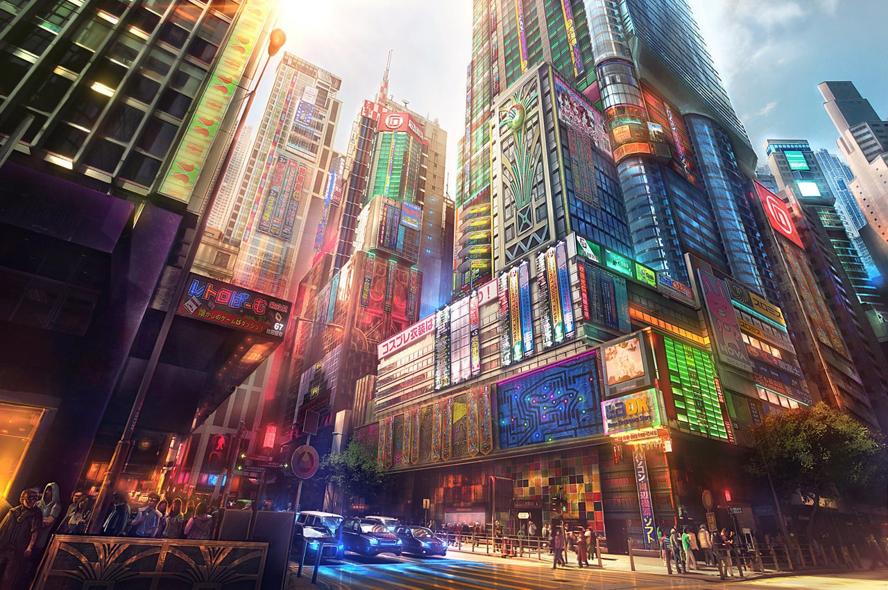 A vibrant anime cityscape features towering skyscrapers adorned with bright neon lights, bustling streets, and a lively atmosphere, capturing the essence of a futuristic urban environment.