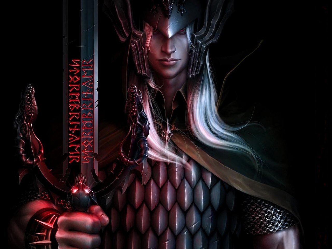 A fierce fantasy warrior stands in darkness, wielding a sword with striking detail, adorned in armor and a flowing cape, embodying strength and valor in a mythical realm.