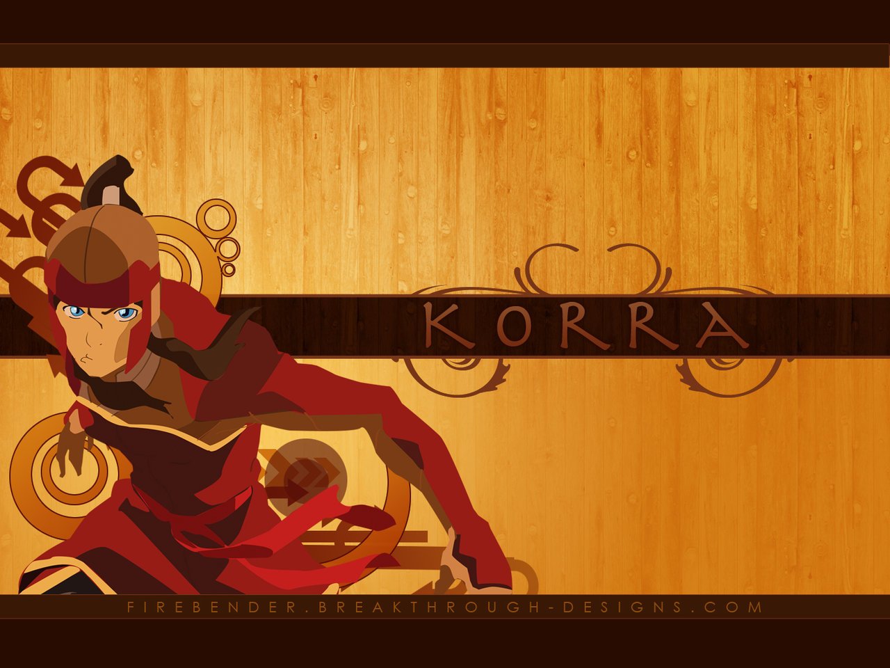 Anime-style image featuring Korra from Avatar: The Legend of Korra, poised in a dynamic stance against a wooden textured background with her name displayed.