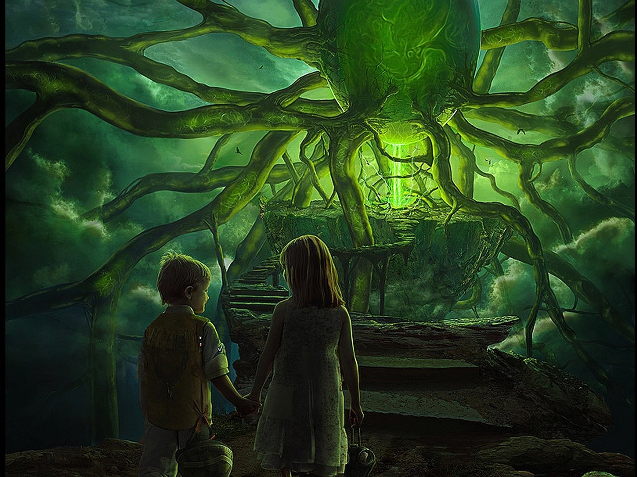 Two children stand hand in hand before a glowing, giant green tree creature in a dark, mysterious fantasy setting.