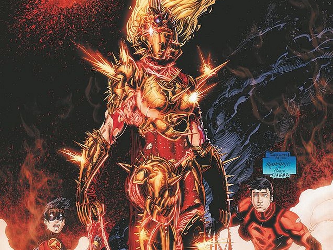 A fierce gold-armored female figure stands surrounded by flames, with two Teen Titans characters in red suits flanking her in a dynamic comic scene.