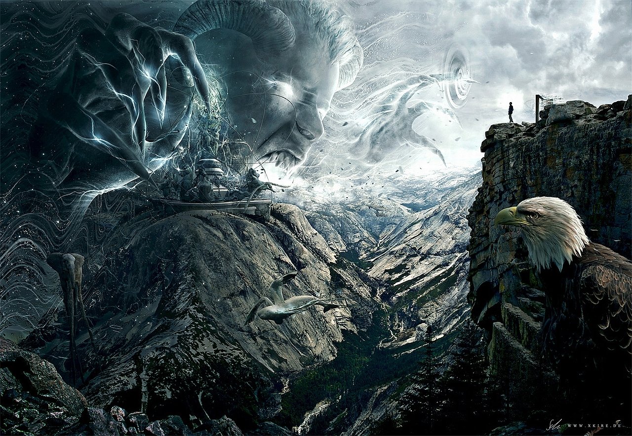 A fantasy landscape with a giant ethereal face emerging from mist over rugged mountains, a soaring eagle, and a lone figure standing on a cliff’s edge.