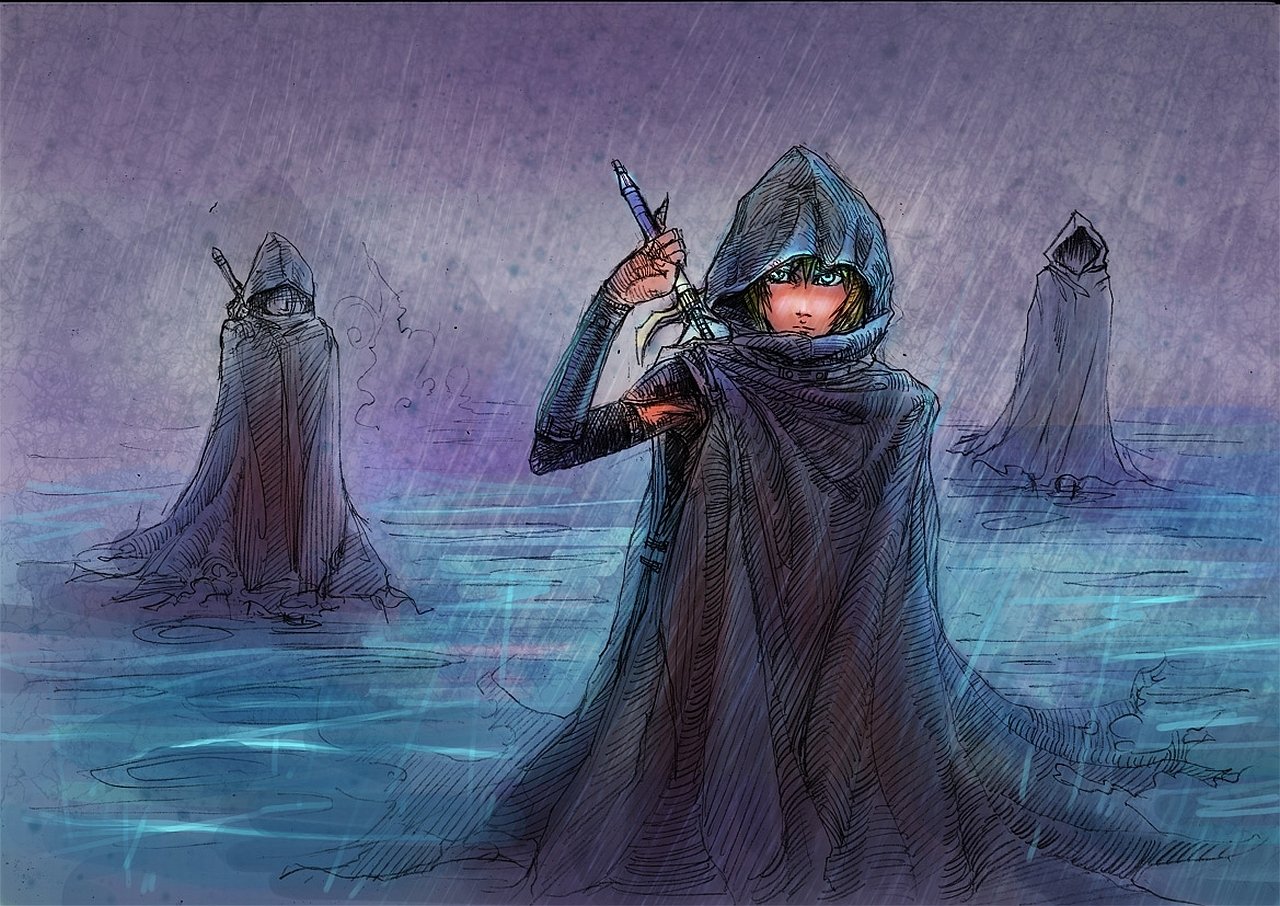 Anime-style artwork inspired by Claymore shows three hooded figures standing in the rain, with the central figure drawing a sword from its sheath.