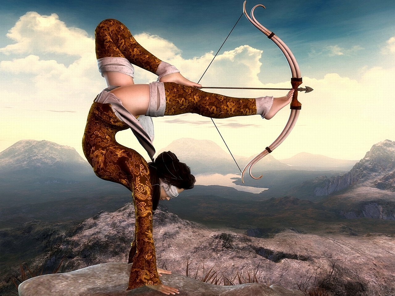 A flexible archer poses dramatically against a fantastical landscape, expertly balancing while aiming a bow, showcasing a blend of skill and imagination in a vibrant setting.