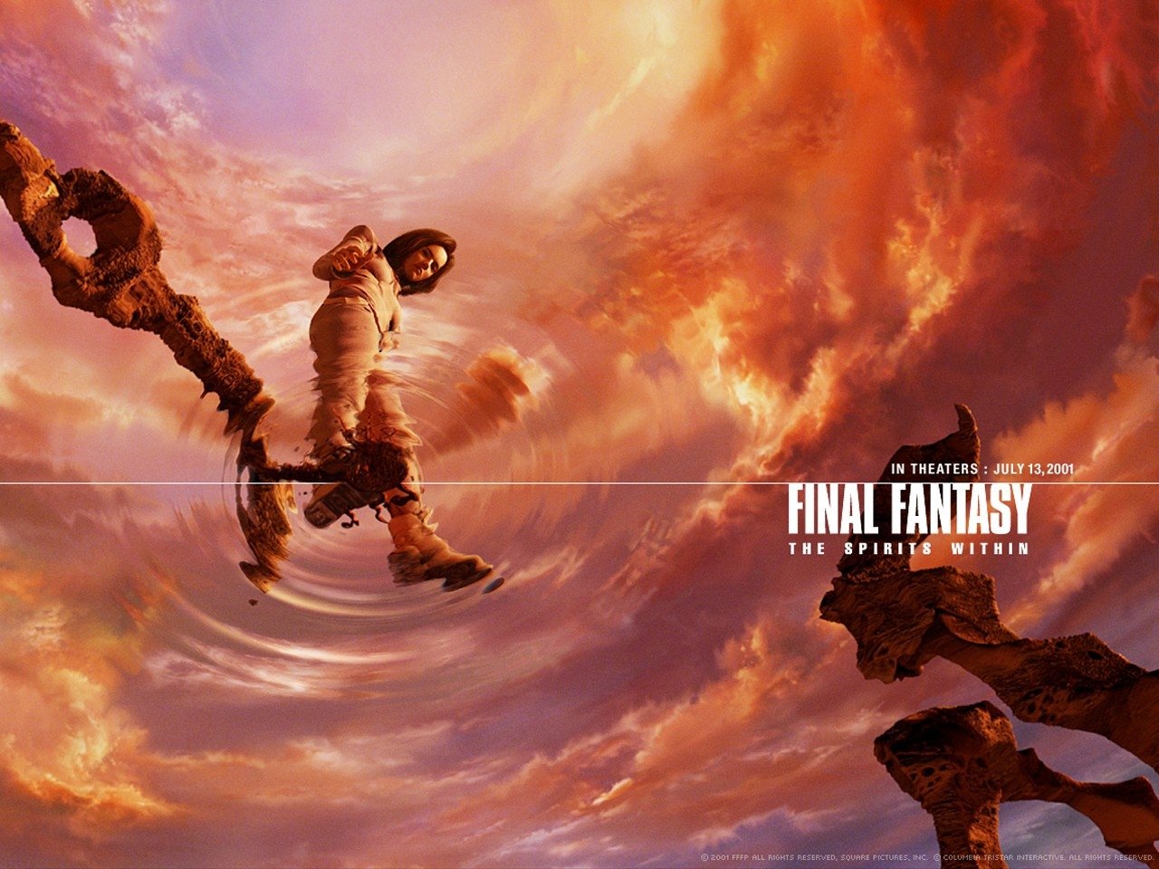 Movie poster for Final Fantasy: The Spirits Within — a lone figure in a sci‑fi suit levitates amid swirling orange clouds above jagged rock spires, the film title across the sky.