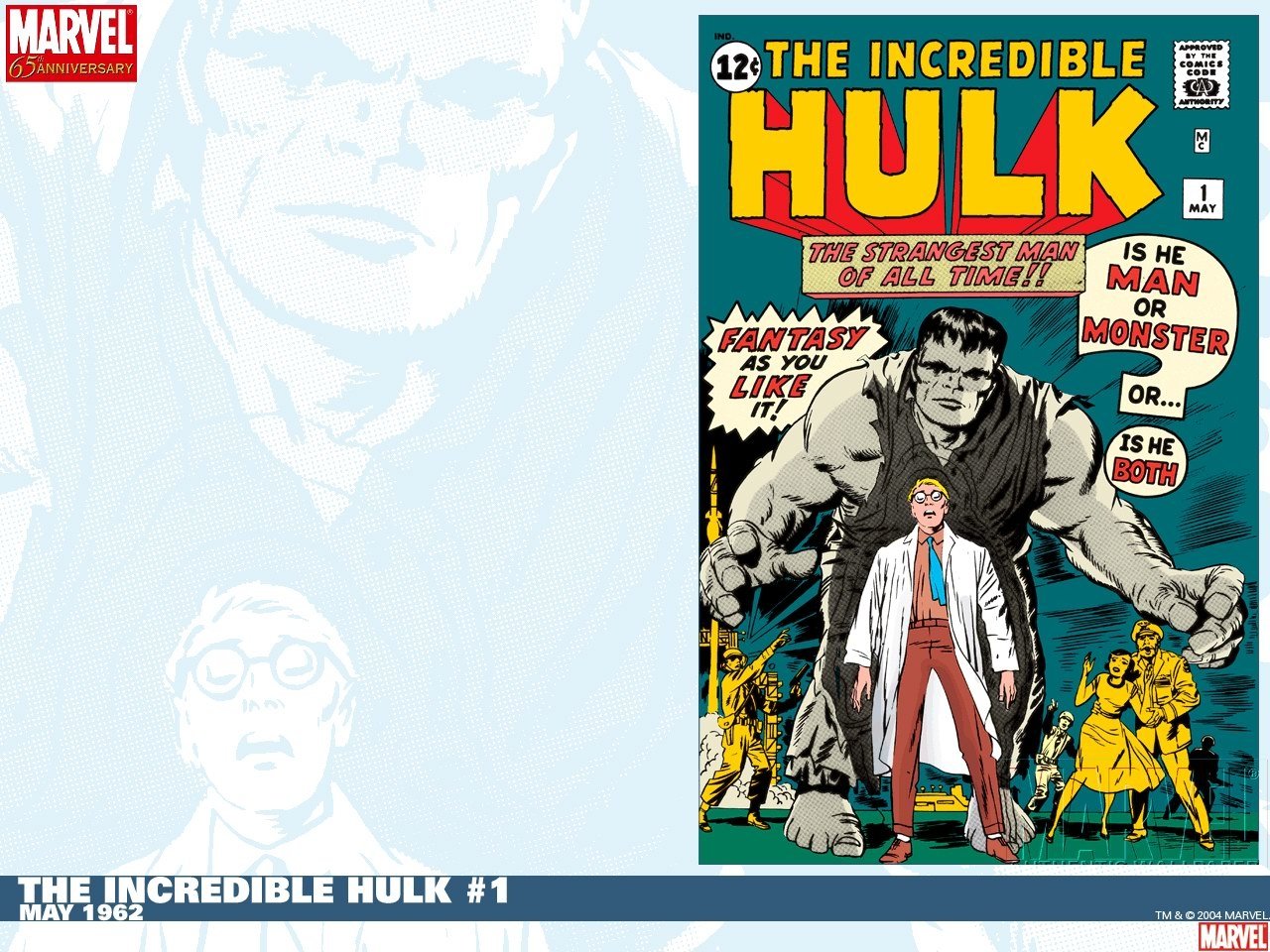 Cover of *The Incredible Hulk #1*, showcasing the Hulk towering over a scientist, with vibrant colors and dynamic illustrations typical of classic comic artistry.