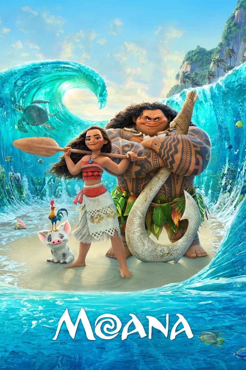 Movie poster for Moana: Moana stands with demigod Maui, pig Pua and rooster Hei Hei on a beach as a giant wave parts, island cliffs rising behind them.