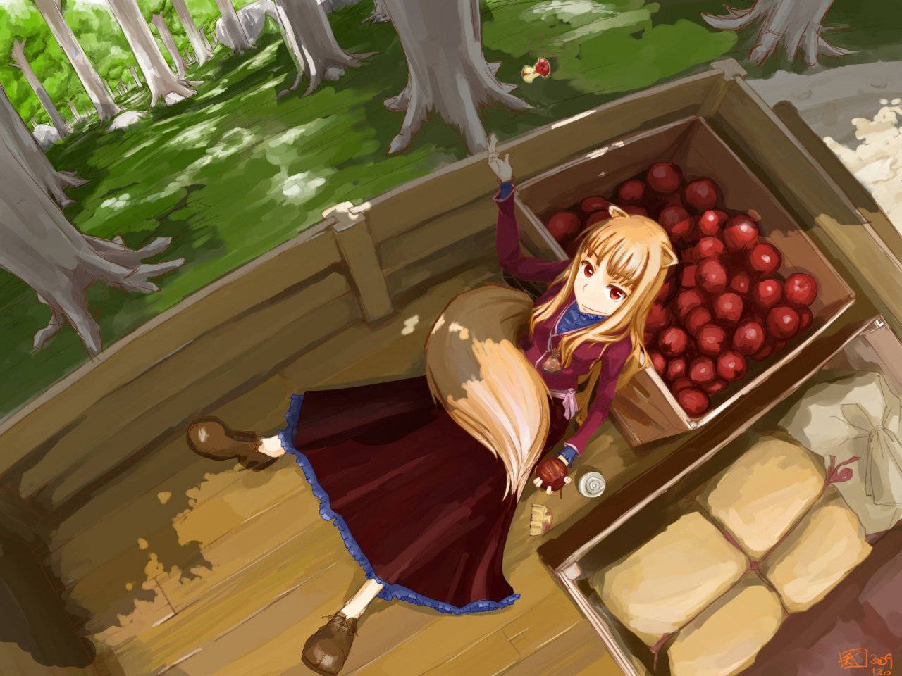 A character from *Spice and Wolf* relaxes on a wooden cart surrounded by apples, with trees in the background, showcasing a serene, pastoral scene.