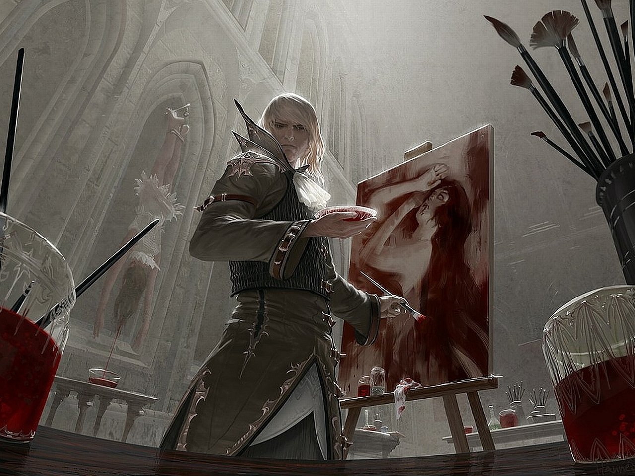 A man-made scene from Magic: The Gathering depicts a warrior painting a red-toned portrait in a grand, cathedral-like room filled with arrows and glasses of red liquid.