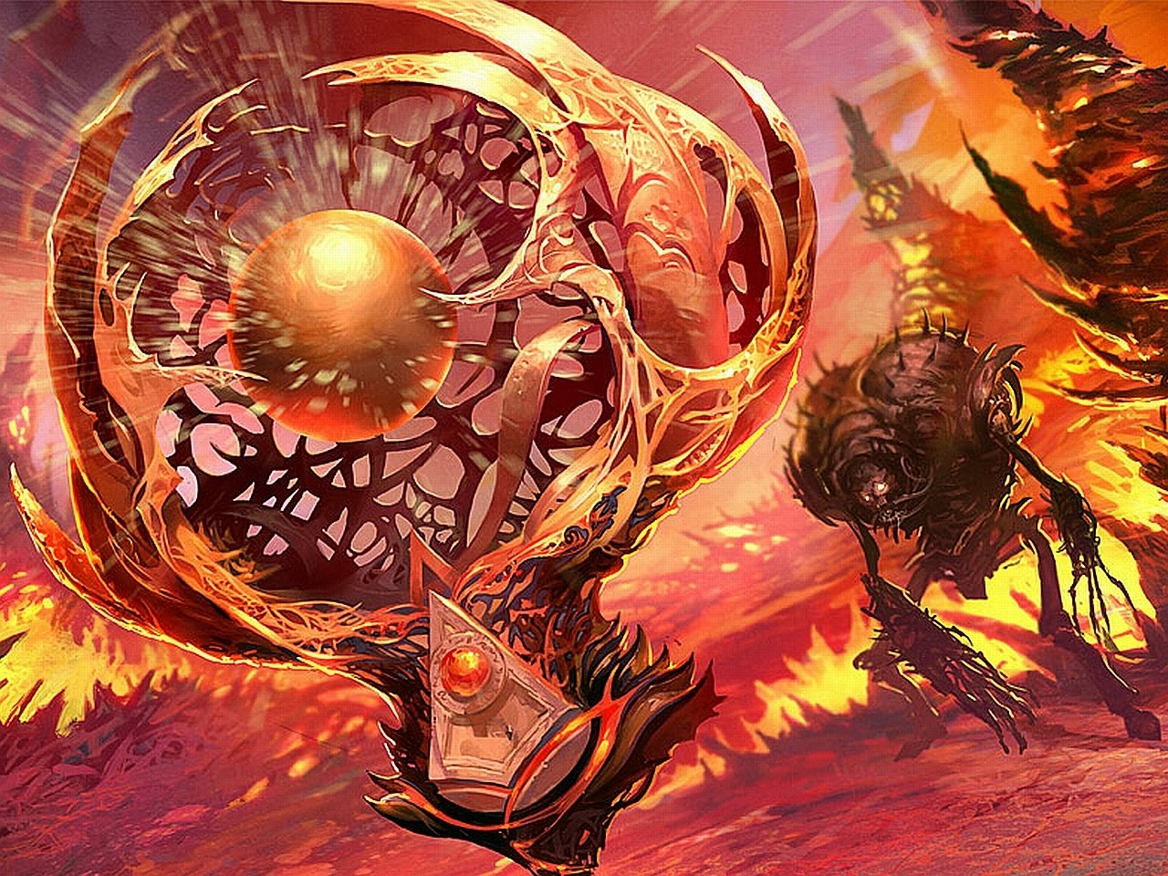 A man-made, fiery landscape from Magic: The Gathering features a glowing, intricate orb and a shadowy, monstrous figure in a dramatic, intense scene.