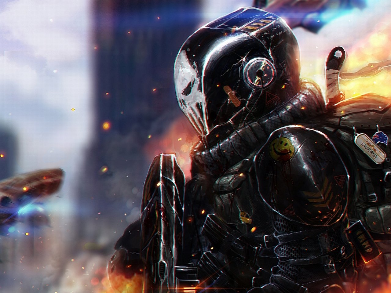 A futuristic sci-fi warrior stands ready for battle, clad in a sleek black suit with a distinctive helmet, amidst a backdrop of explosive action and advanced technology.