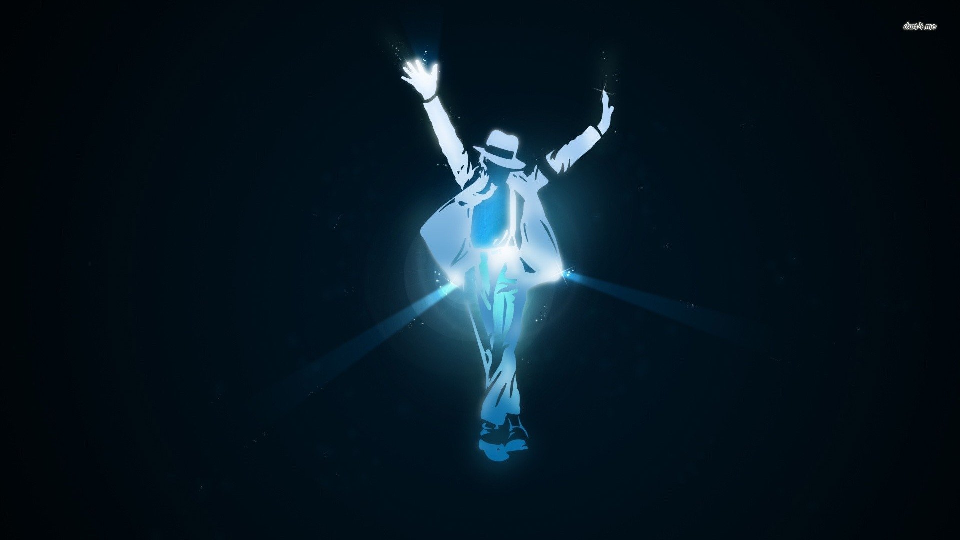 A silhouette of a dancer, inspired by Michael Jackson, striking a dynamic pose with arms raised, amidst a dark background illuminated by blue light. The essence of music and movement captivates.