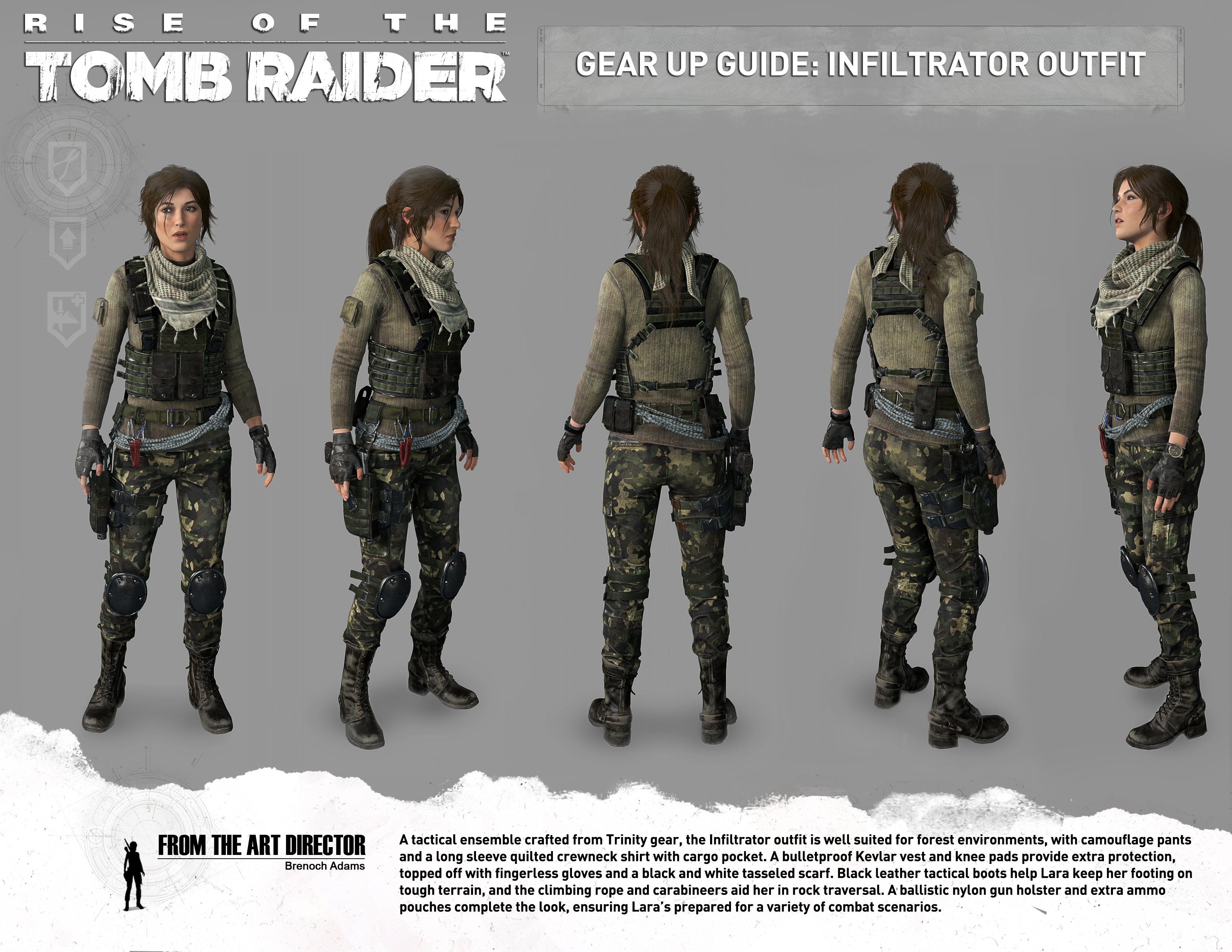 Gear guide. Тринити Tomb Raider. Tomb Raider снаряжение. Rise of the Tomb Raider костюмы.