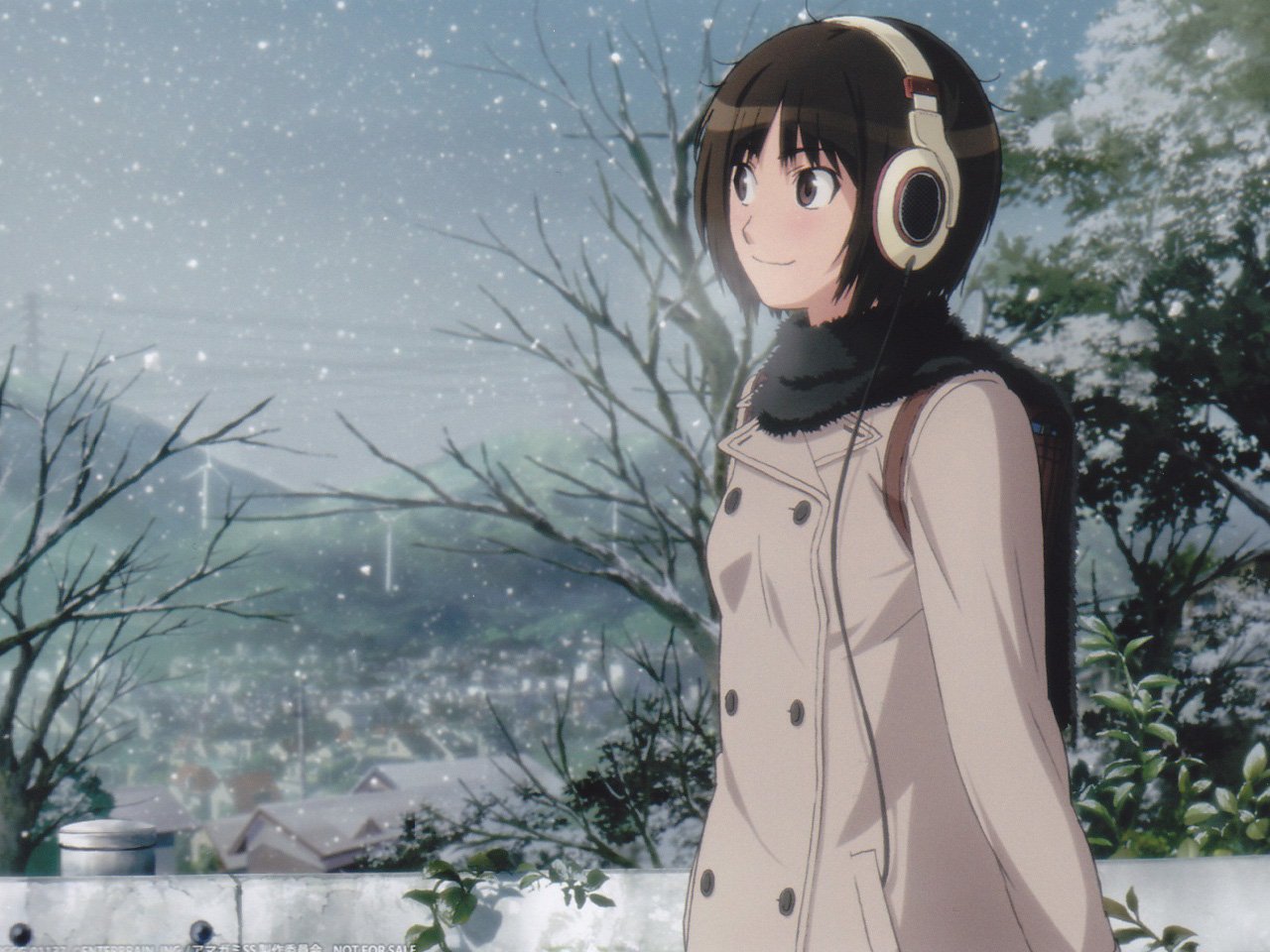 Anime (Amagami) scene: a girl in a beige coat and large headphones stands in falling snow, scarf around her neck, gazing over a snowy town with bare trees in the background.