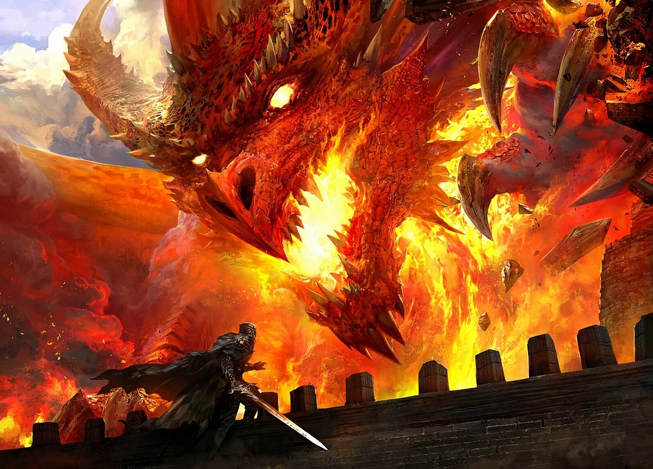 A fierce fantasy dragon breathes fire over a warrior standing on a castle wall, ready to strike with a glowing sword.