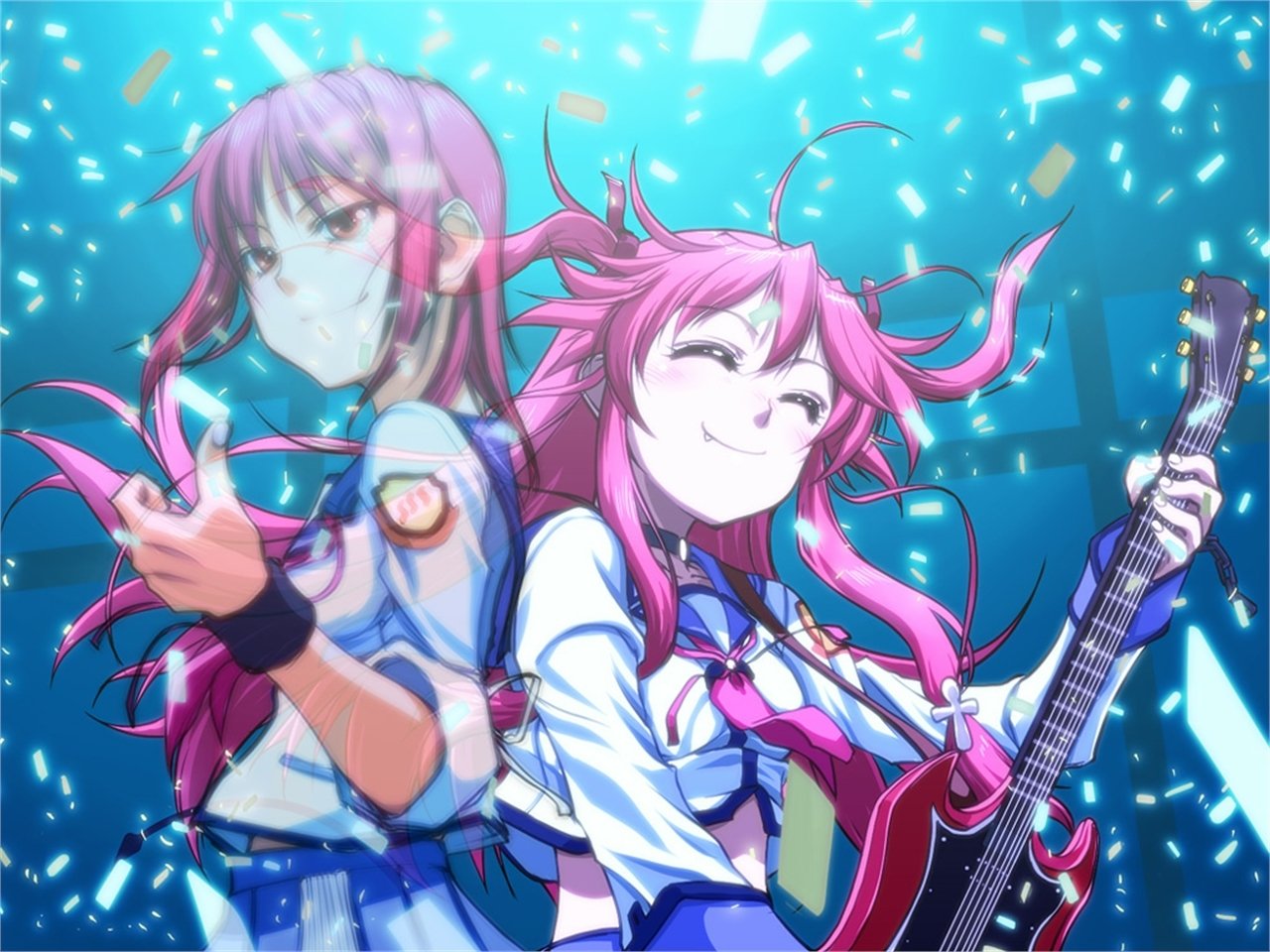 Masami Iwasawa and Yui from Angel Beats! are depicted together, with vibrant colors and dynamic poses, showcasing their connection in this anime scene.