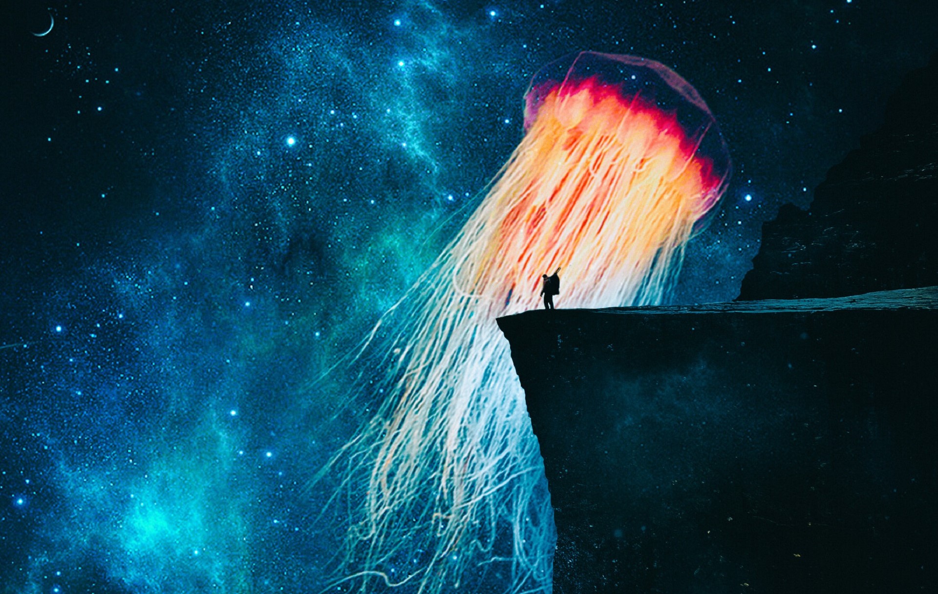 Man on a Cliff looking at Giant Blue Jellyfish in Space