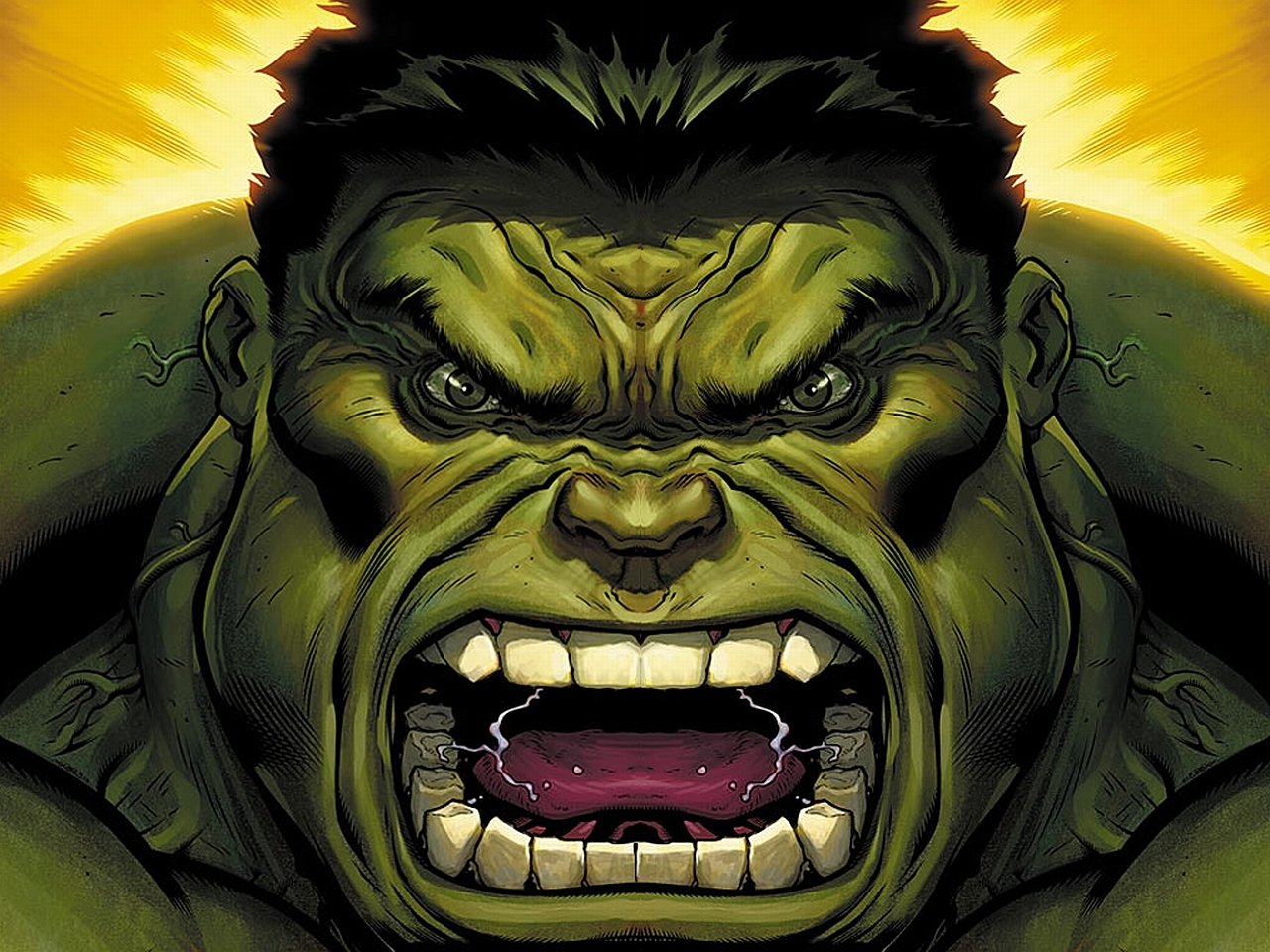 A close-up of the Hulk from a comic, displaying an intense expression with bared teeth and furrowed brows, set against a vibrant yellow background.