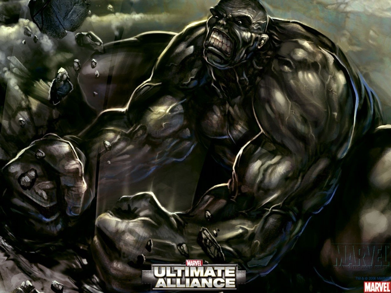A powerful depiction of the Hulk from the comic series Ultimate Alliance, showcasing his massive physique and intensity amid dramatic, rocky surroundings.