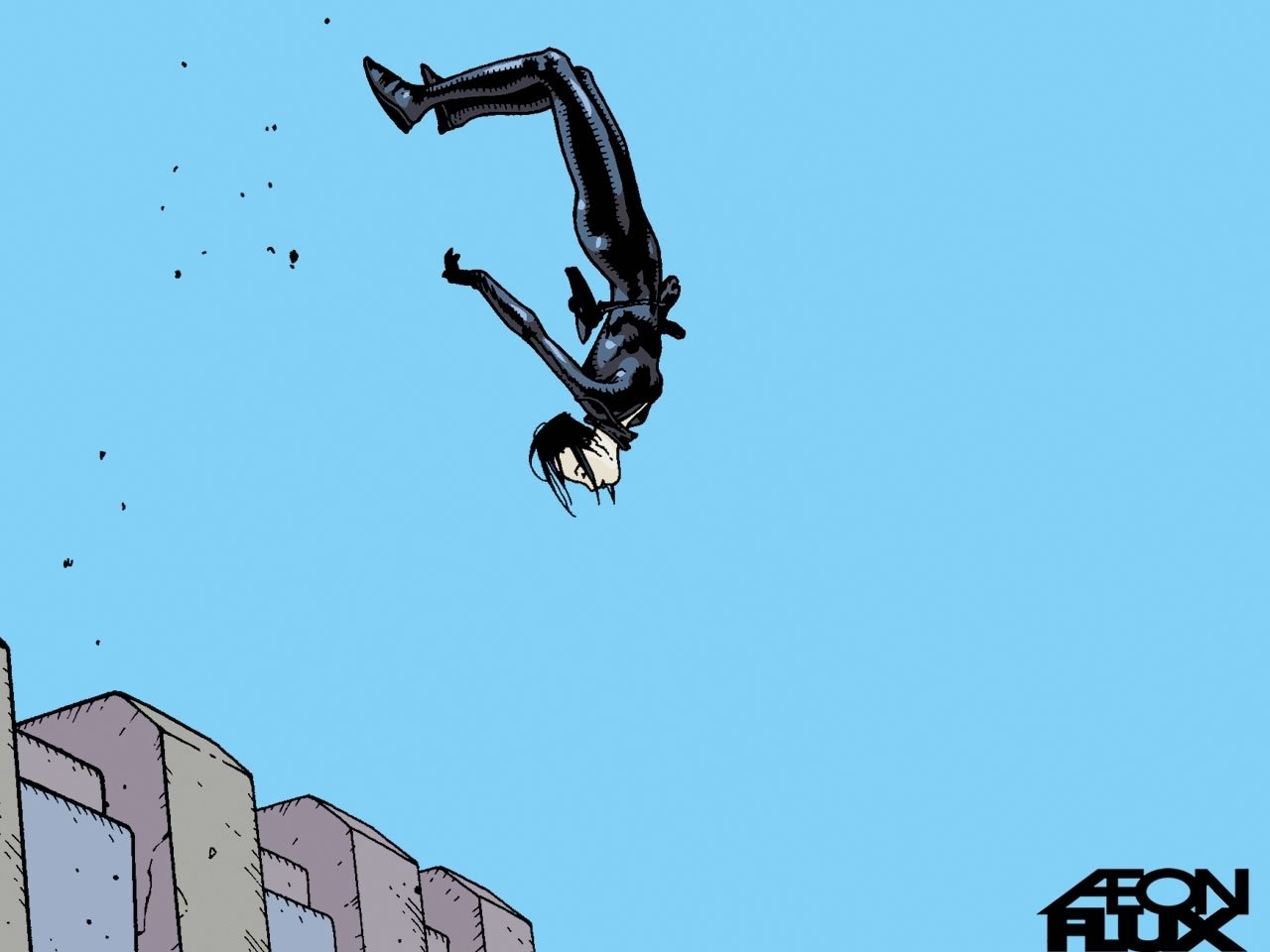 Comic-style illustration of Aeon Flux in a black bodysuit tumbling headfirst against a clear blue sky above concrete rooftops.