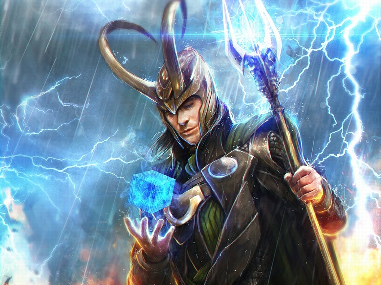 Loki from Marvel Comics stands confidently, wielding a staff and conjuring a glowing blue object amidst a backdrop of lightning and stormy skies, embodying his mischievous power.