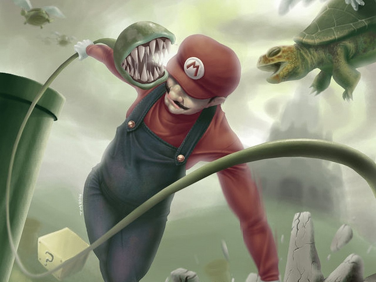 Video game scene: Mario leaping from a green pipe as a giant Piranha Plant lunges and a flying Koopa attacks amid stormy clouds.