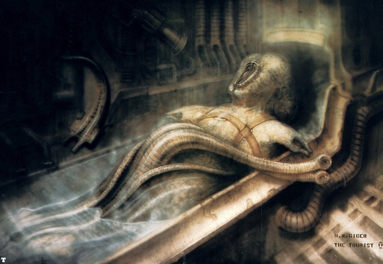 A dark fantasy scene depicting a humanoid figure entwined with biomechanical tentacles, immersed in a dim, eerie environment blending organic and mechanical elements.