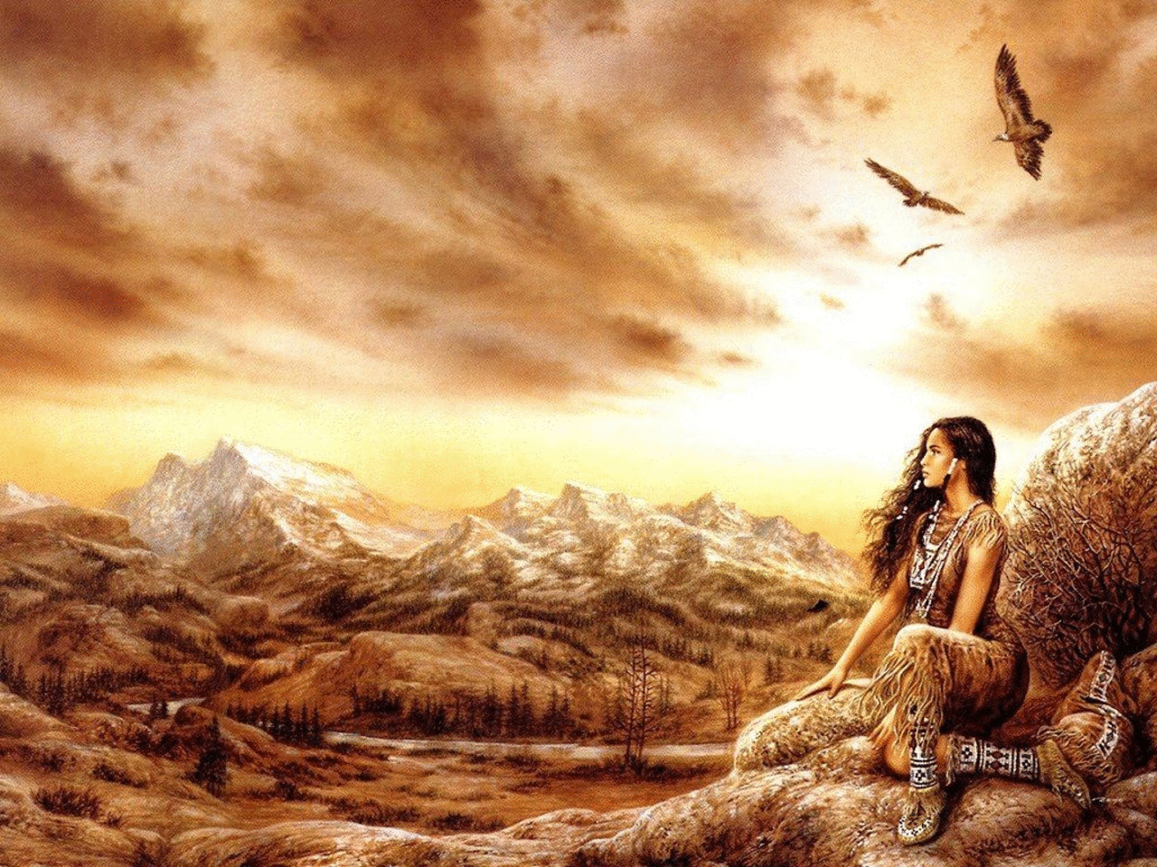 Artistic portrayal of a Native American woman sitting on a rock, overlooking a vast mountainous landscape with birds soaring overhead at sunset.