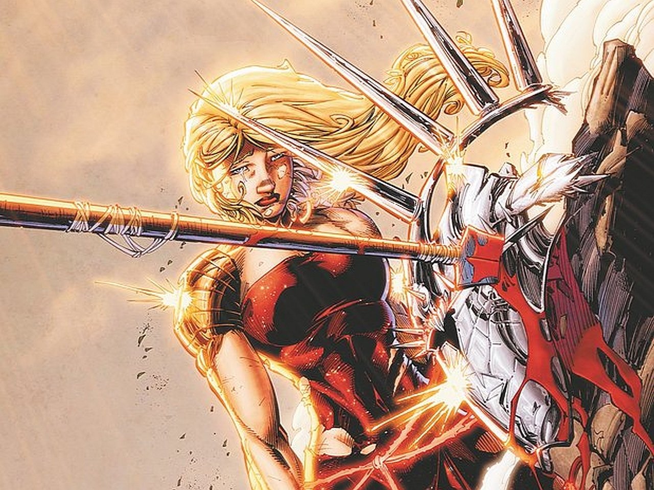 Comic-style image featuring a fierce Teen Titans character striking an armored opponent with a weapon amidst dynamic action and glowing effects.