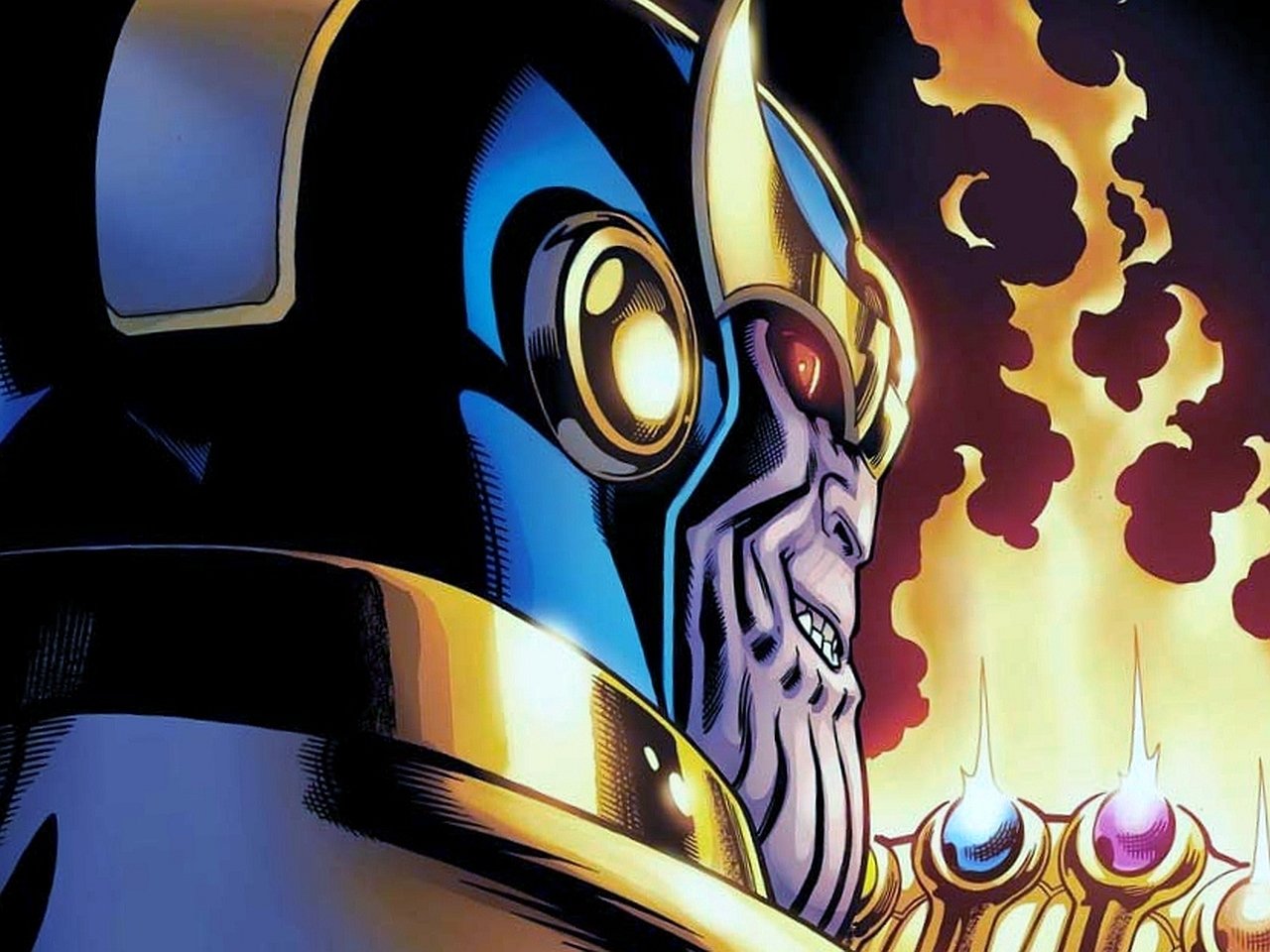 A close-up of Thanos in a comic panel, showcasing his menacing expression. He stands against a backdrop of flames, adorned with the Infinity Gauntlet featuring glowing stones.