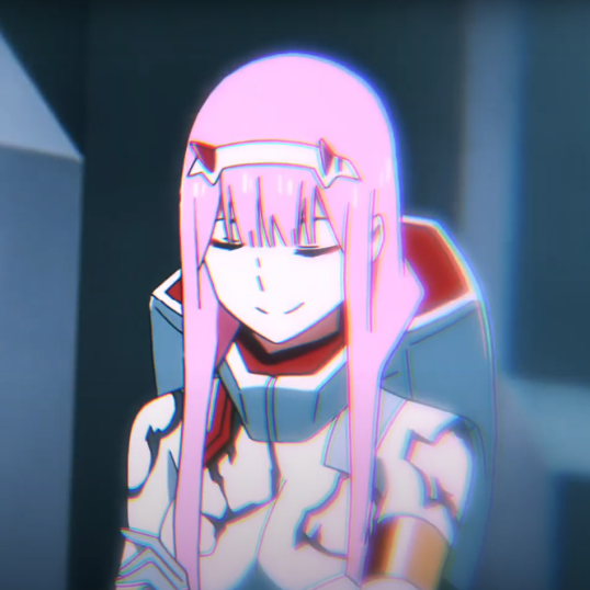 Anime portrait of Zero Two from Darling in the FranXX — pink hair, small red horns, white pilot suit, eyes closed with a serene smile.