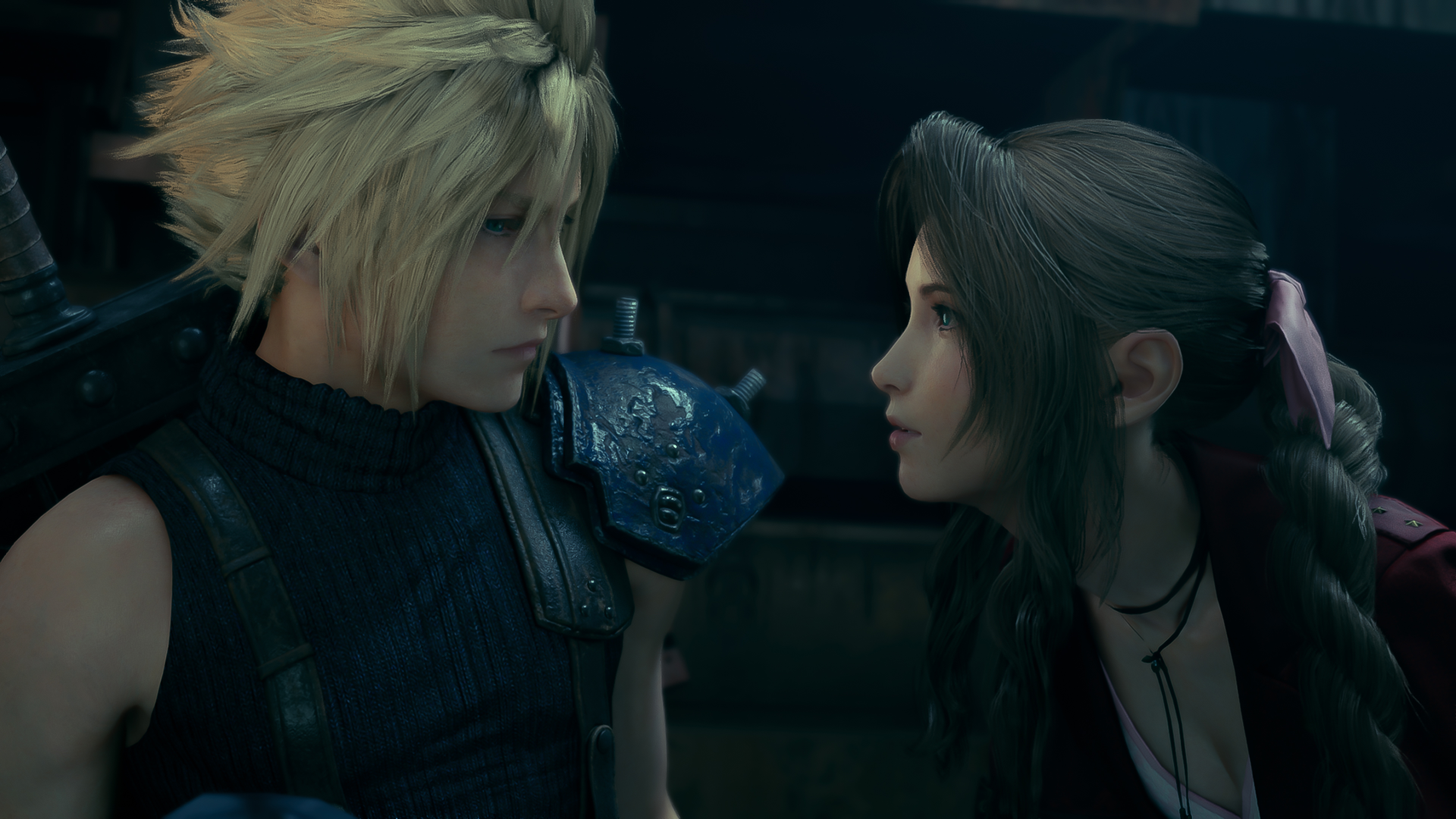 Cloud Strife and Aerith Gainsborough from Final Fantasy VII Remake share a close, tense moment—Cloud with his Buster Sword on his back as Aerith leans in, their faces inches apart.