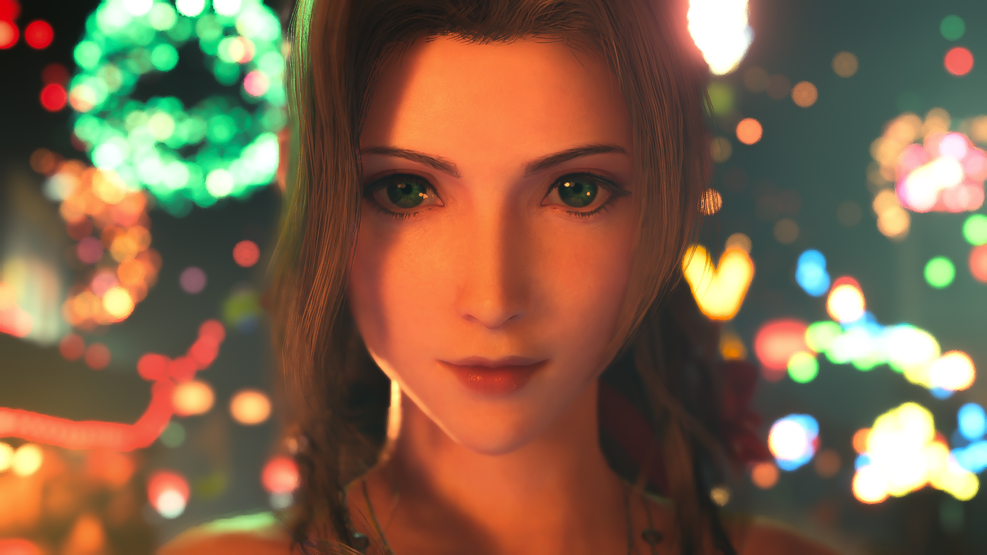 Close-up of Aerith Gainsborough from Final Fantasy VII Remake with colorful, blurred lights in the background, showcasing the character’s detailed facial features.