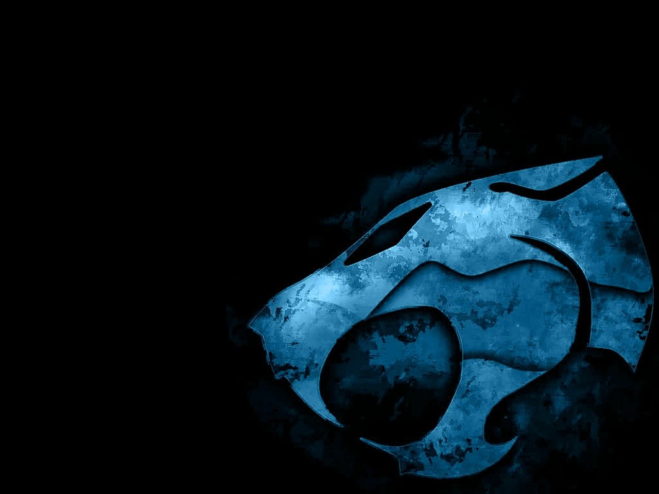 Blue-toned Thundercats 1985 TV show emblem of a roaring cat head against a dark textured background.