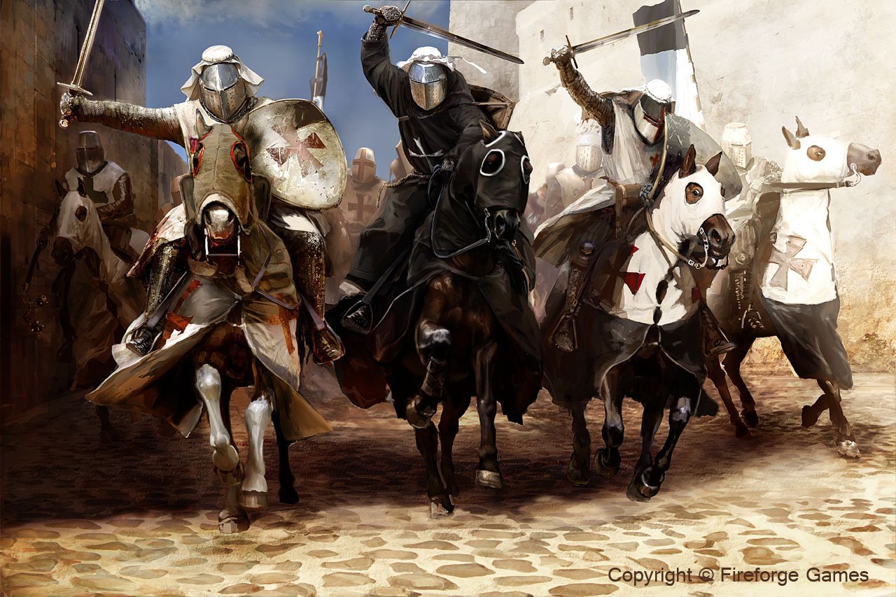 A dynamic scene of knights on horseback charges through a cobblestone street, clad in armor with swords raised, embodying a vivid fantasy atmosphere.