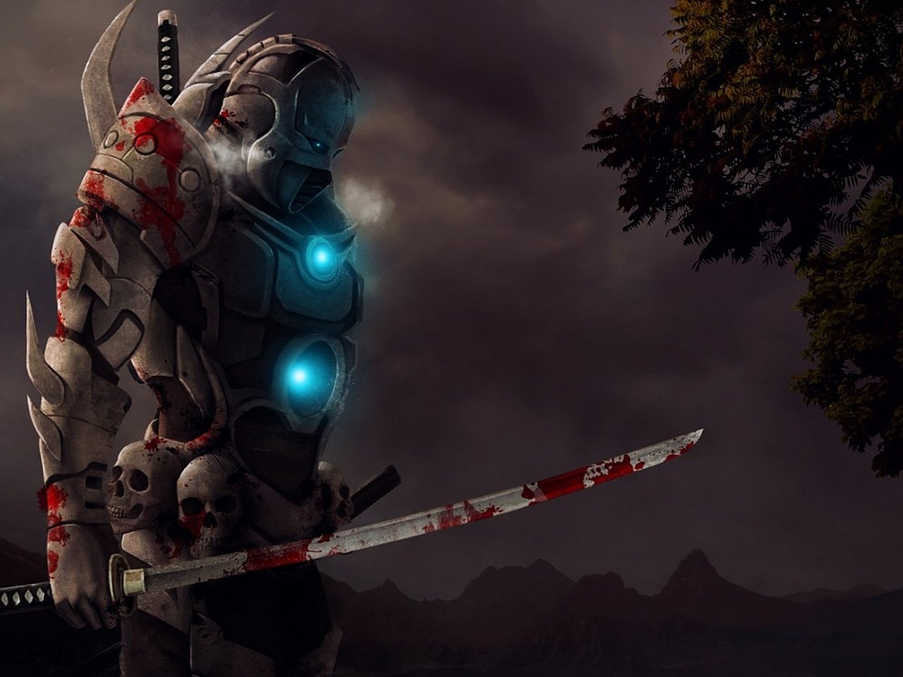 A sci-fi warrior stands confidently, clad in armored gear with vibrant blue lights. He wields a bloodstained sword, surrounded by an ominous landscape shadowed by mountains.