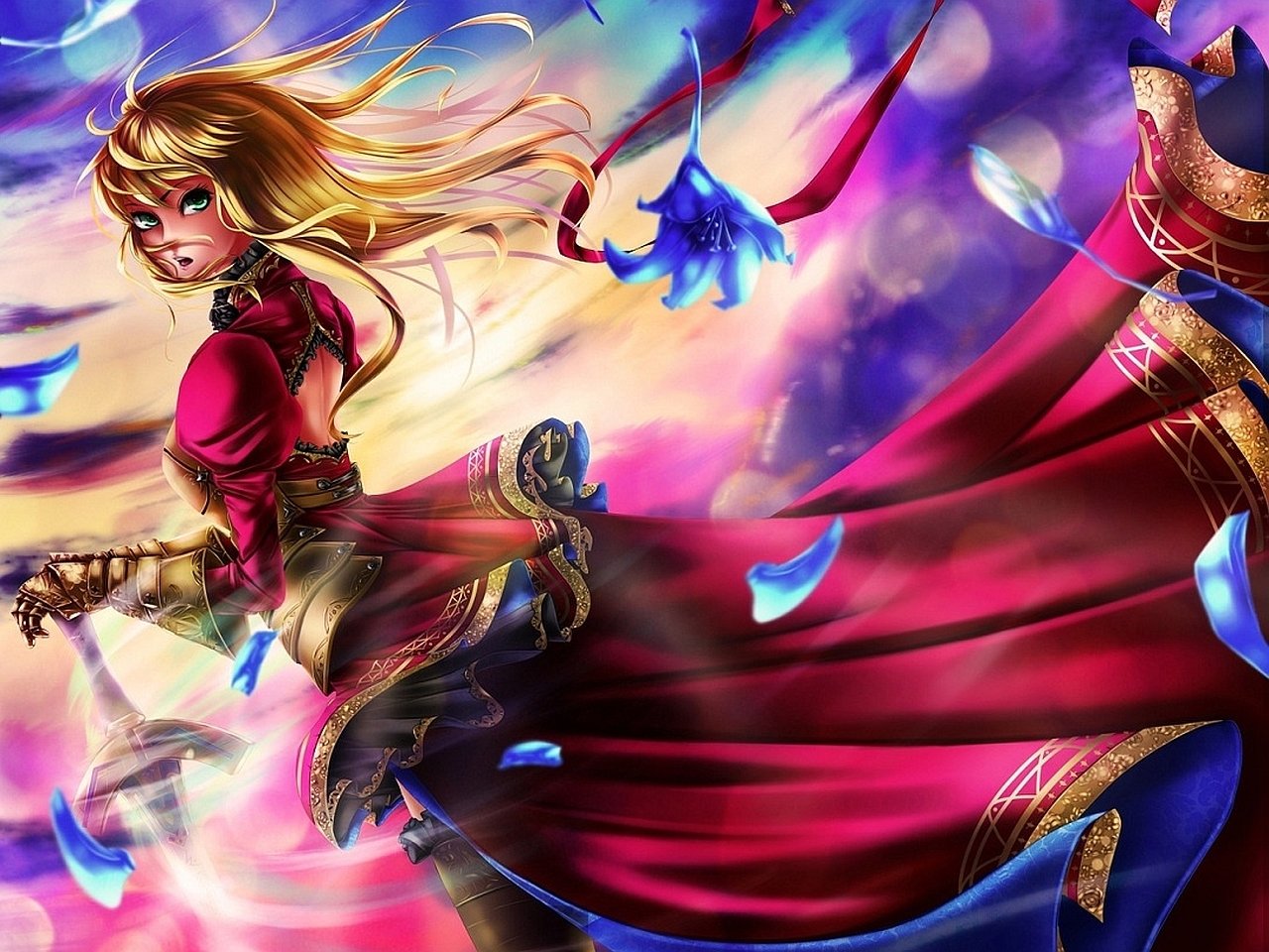 Anime-style illustration from Fate/Zero featuring a dynamic female character with flowing golden hair and a red dress amidst swirling blue petals and vibrant colors.