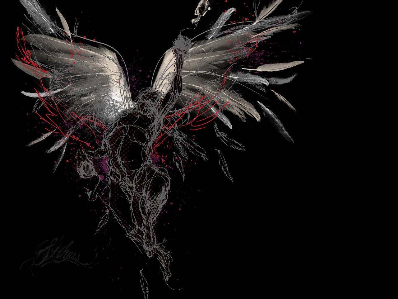 A striking fantasy illustration of an angel, featuring intricately detailed wings and a dark, dynamic background, capturing a sense of ethereal beauty and movement.