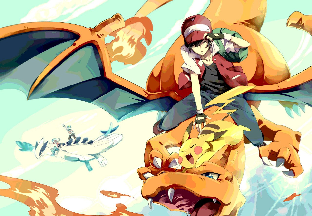 Ethan, wearing a red cap, rides Charizard with Pikachu beside him. Lugia soars in the background, showcasing the vibrant anime world of Pokémon.