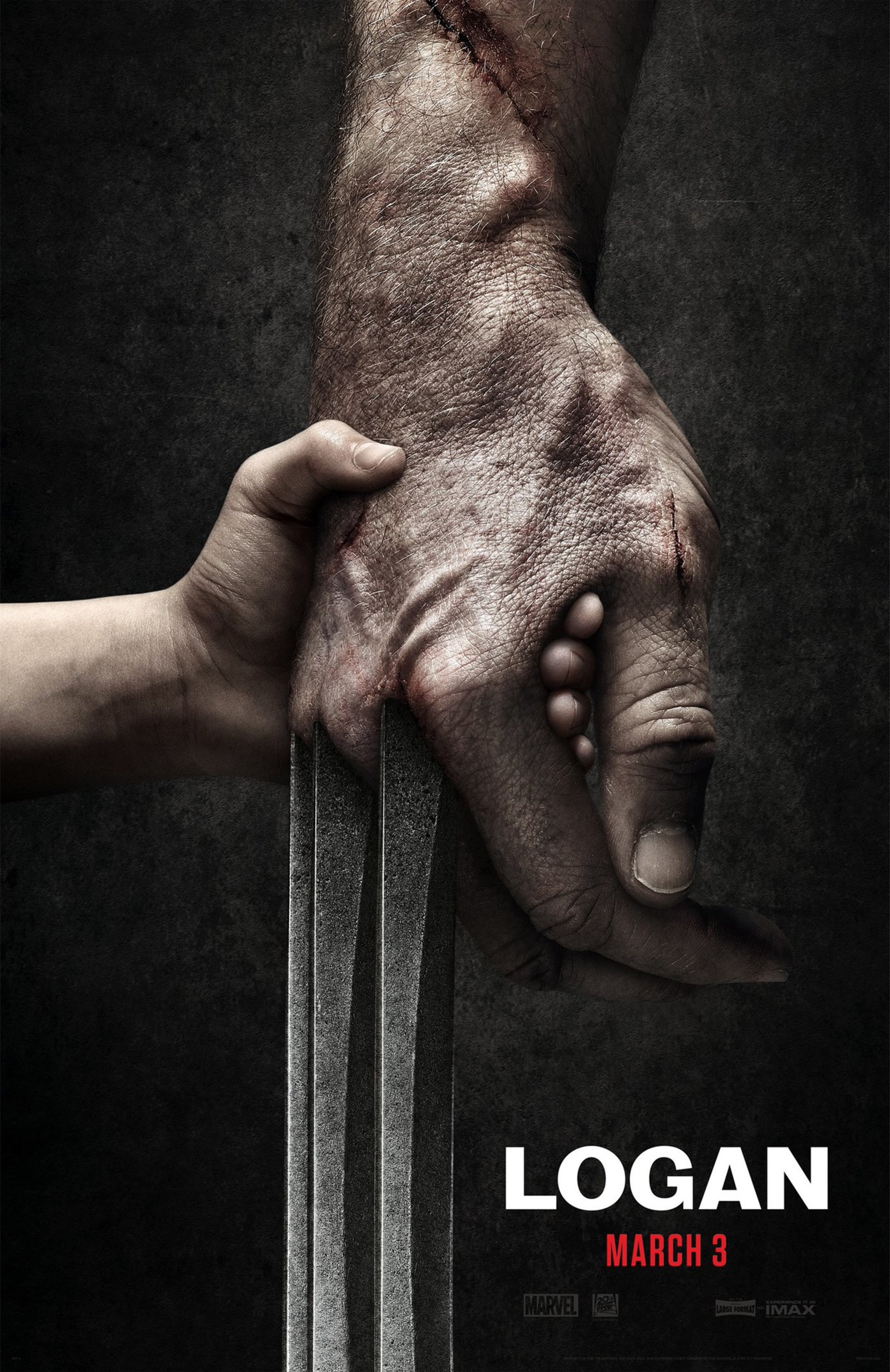 Movie poster for Logan: Wolverine's scarred hand with extended claws clasped by a child's hand, evoking the bond between Logan and Laura Kinney.