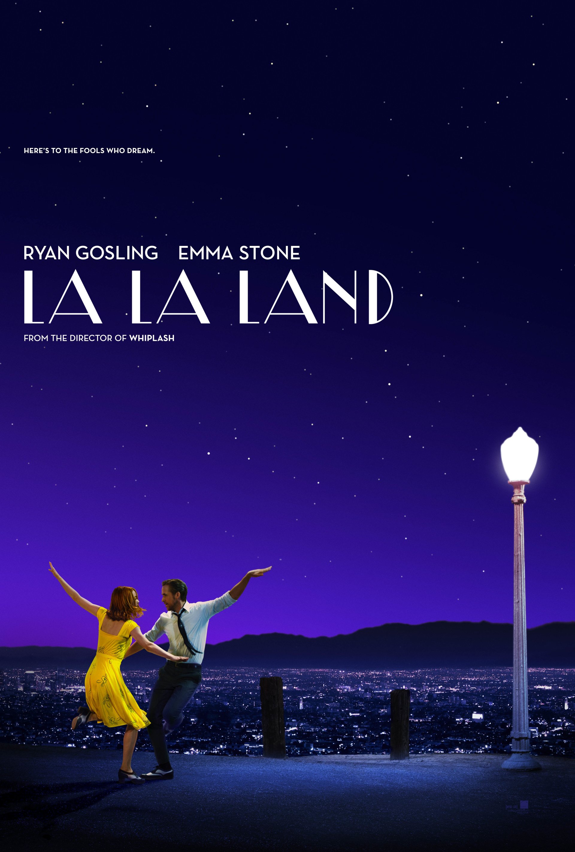 Poster of the movie La La Land featuring Ryan Gosling and Emma Stone dancing under a starry night sky with a cityscape in the background.