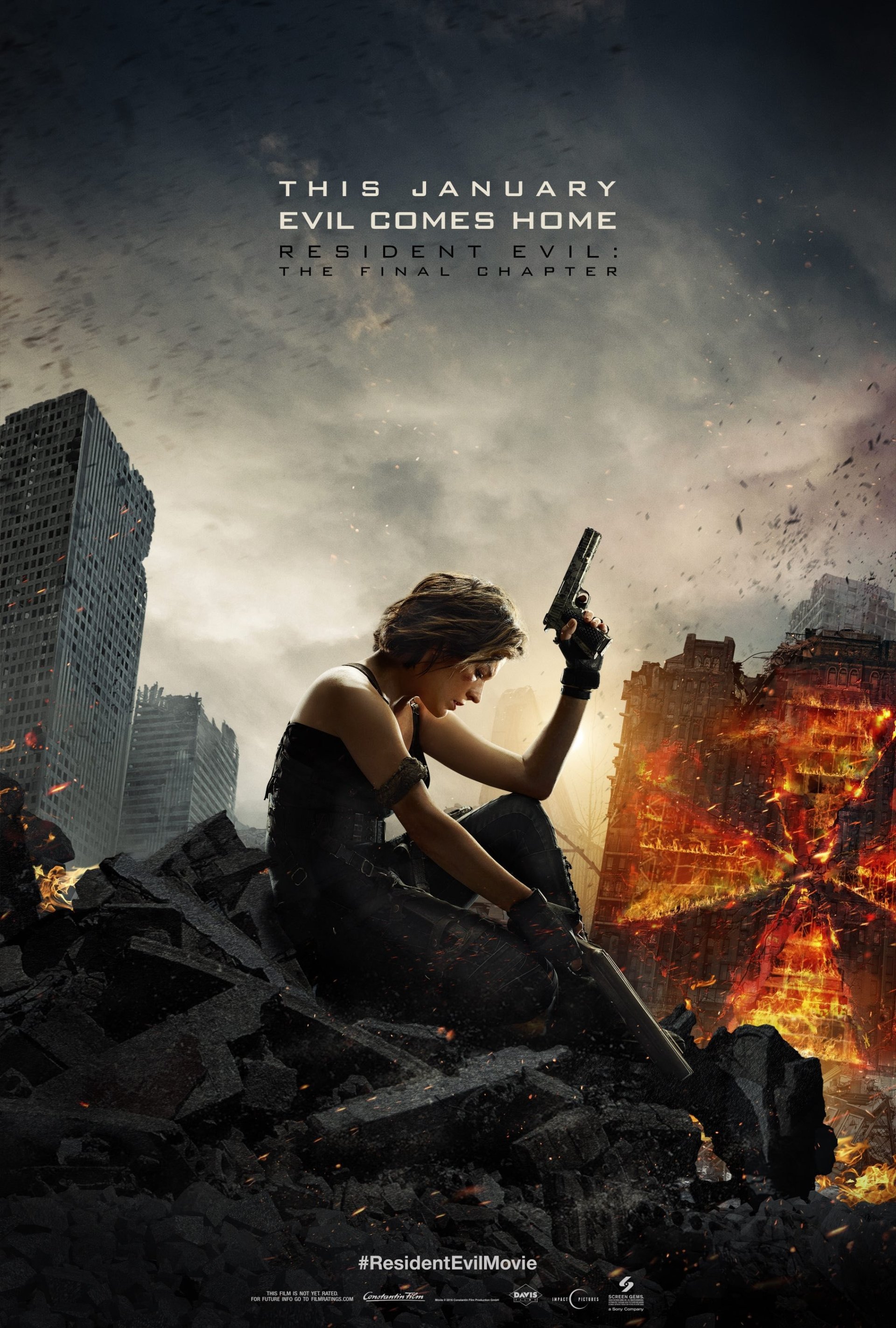 Poster of Alice (Resident Evil) crouched on rubble holding a pistol amid a burning, ruined city — promotional art for the movie Resident Evil: The Final Chapter.