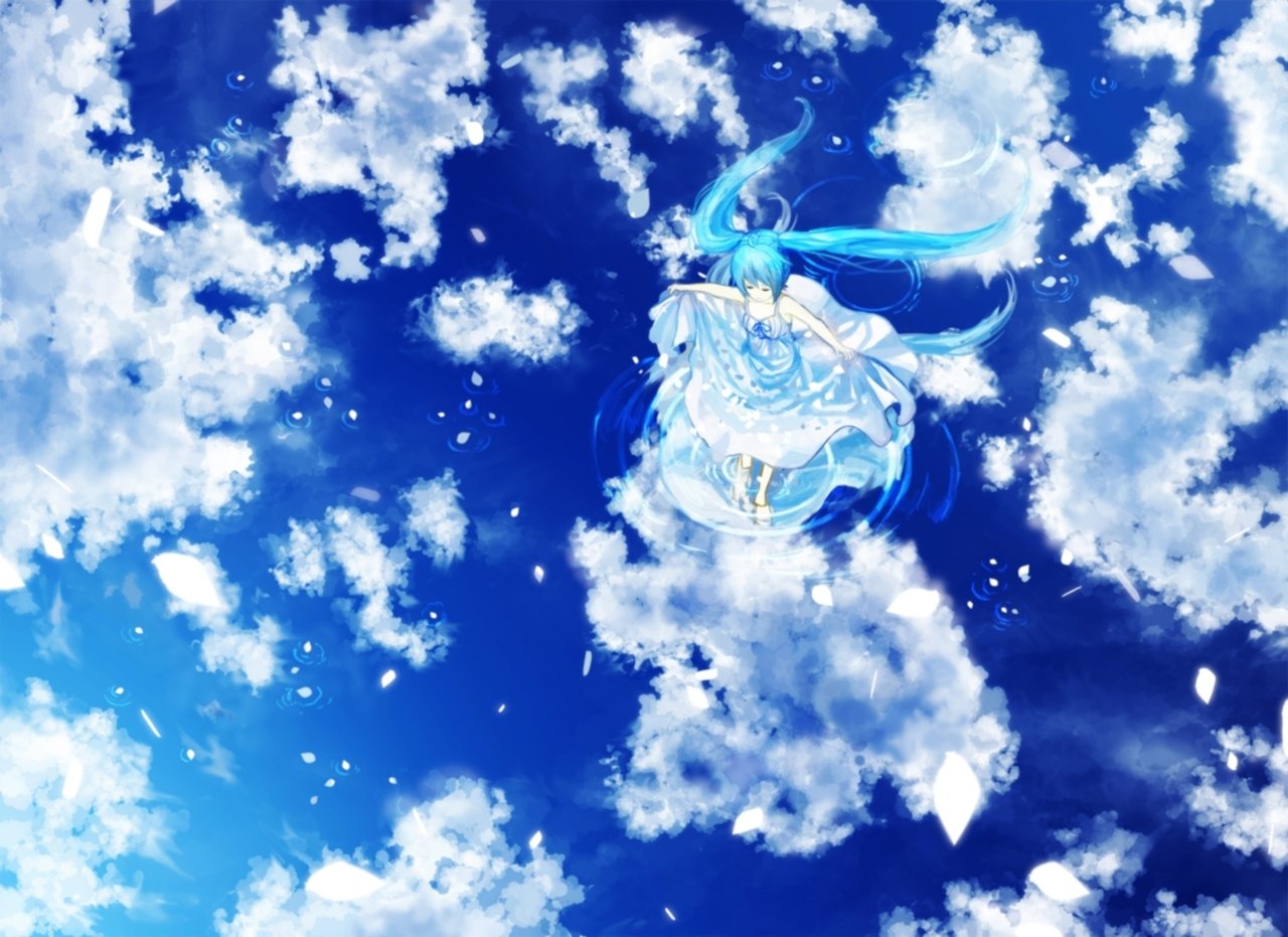 Hatsune Miku in a flowing white dress with teal twin-tails, floating serenely among fluffy clouds against a deep blue sky — ethereal anime Vocaloid artwork.