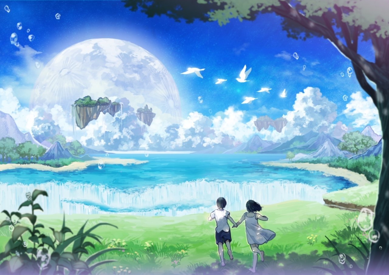 Anime-style scene of two children running toward a vibrant lake surrounded by lush greenery and floating islands under a bright blue sky with a large moon and flying birds.