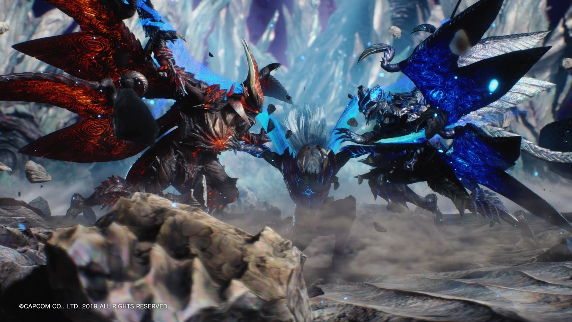 Two massive red and blue winged demons clash in an icy cavern, a cinematic boss battle from the video game Devil May Cry 5.