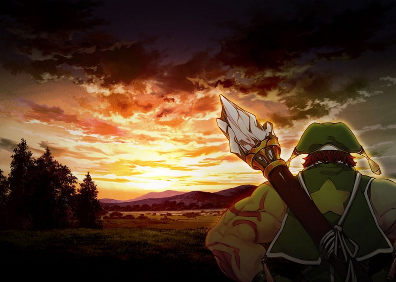 A character from the video game Mana Khemia stands in a field, gazing at a dramatic sunset with dark clouds and vibrant orange hues.