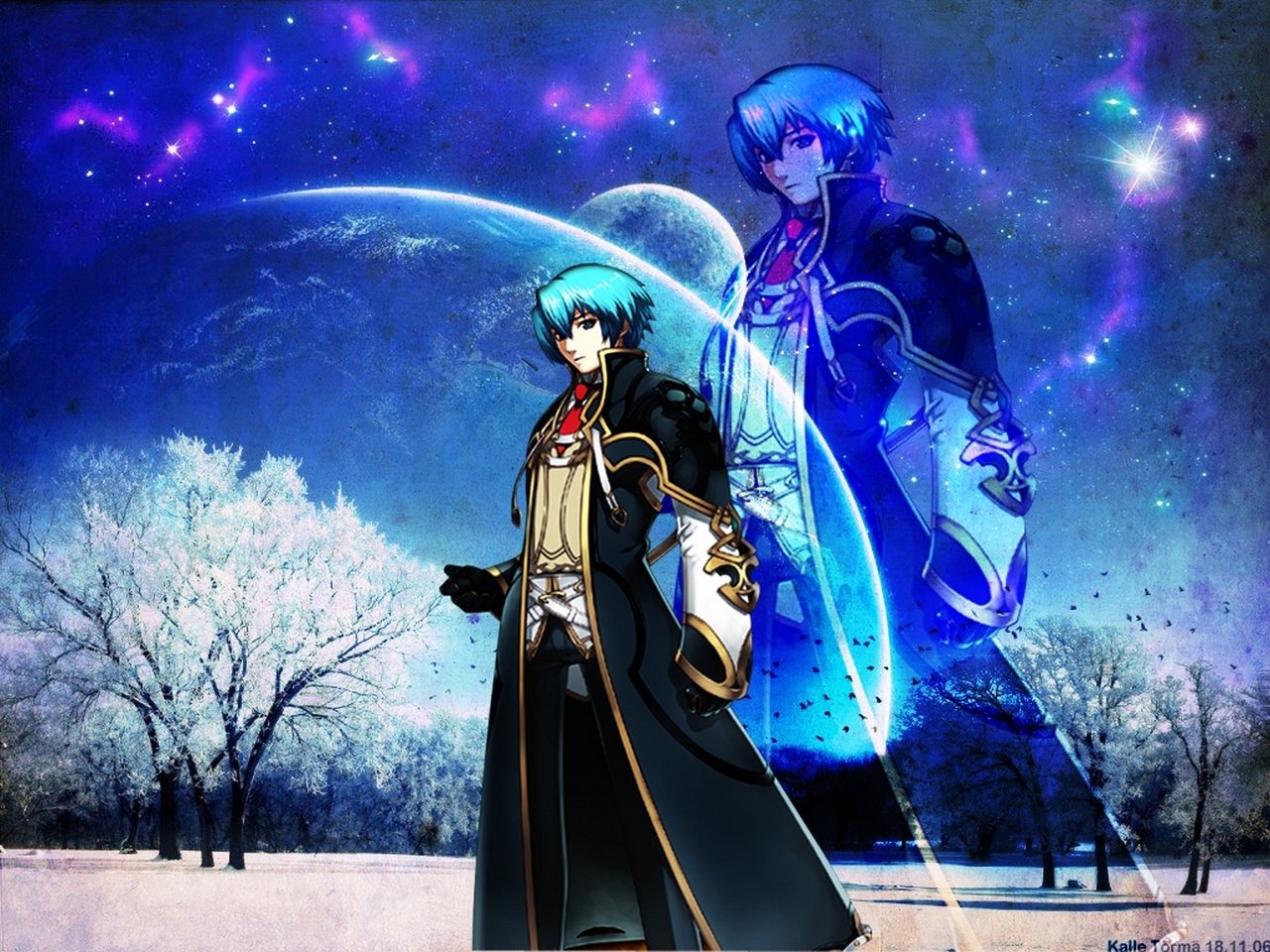 A character from the video game Mana Khemia stands in a snowy landscape under a starry sky with a large moon and a glowing, translucent figure behind him.